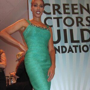 Carmen Marc Valvo emerald green, beaded cocktail dress,